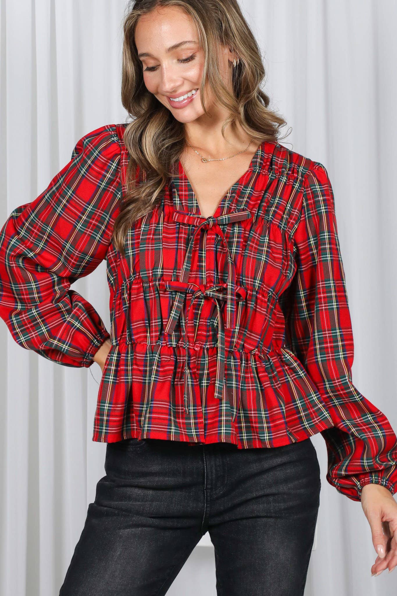 Tie Plaid Blouse