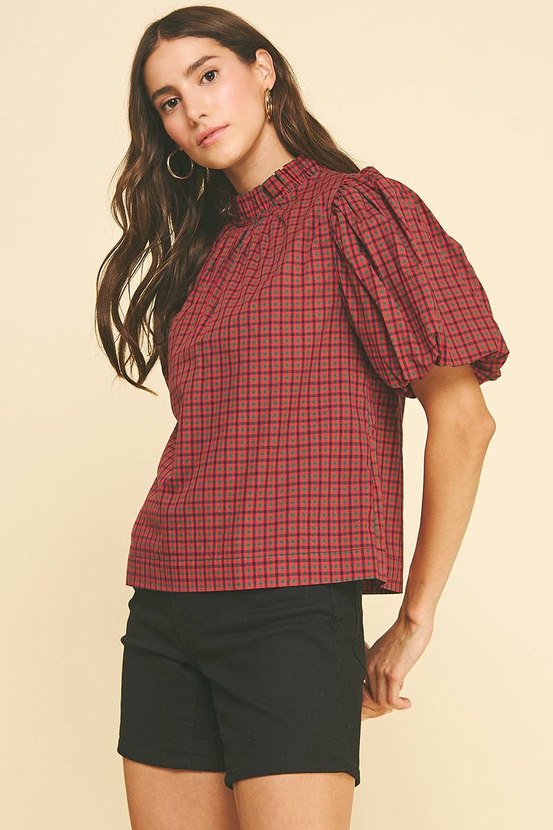 PLAID RUFFLED MOCK NECK BLOUSE
