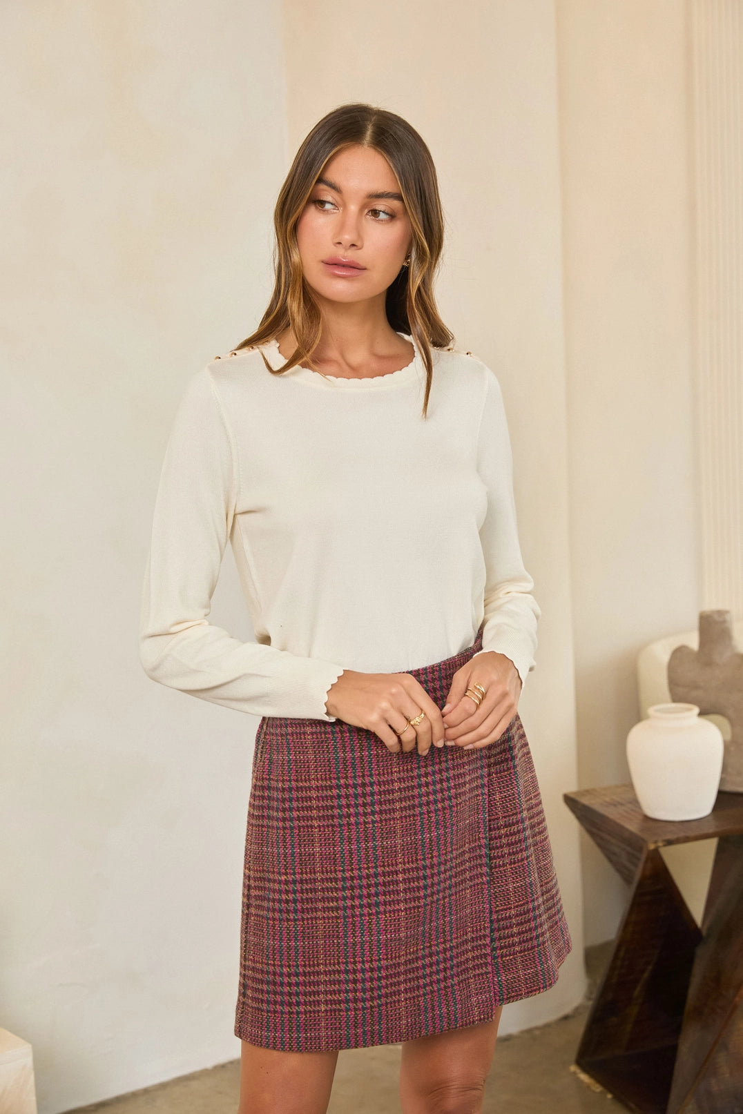 Gold Button Shoulder Accent Scalloped Crewneck Knit Sweater